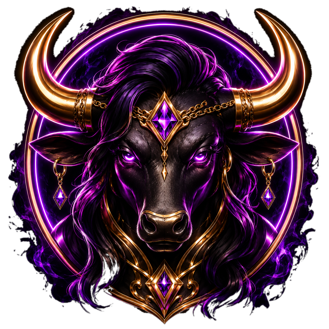 Mrs. Black Bull mascot, an obsidian bull crowned in gold and violet fire